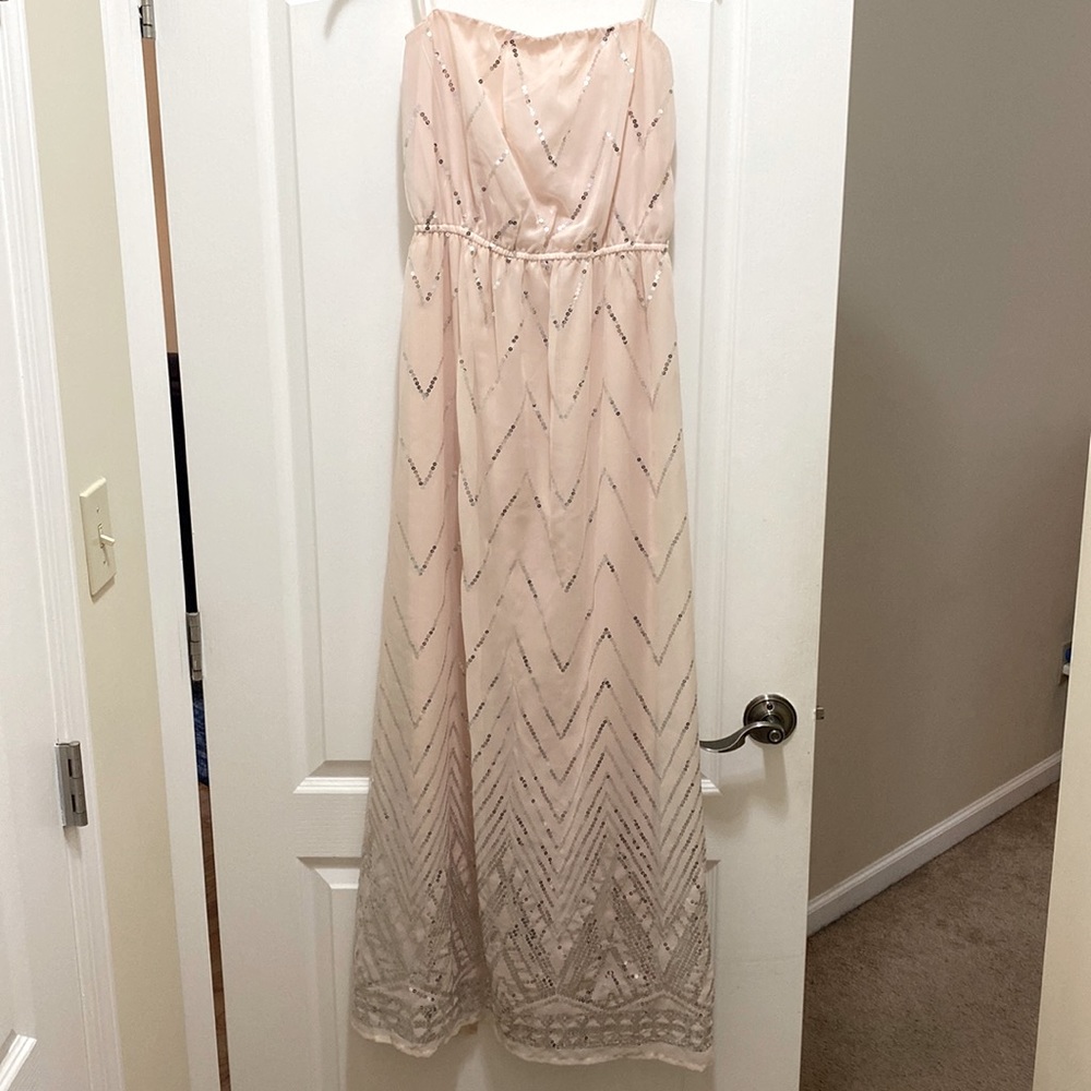 Light pink and silver strapless maxi dress